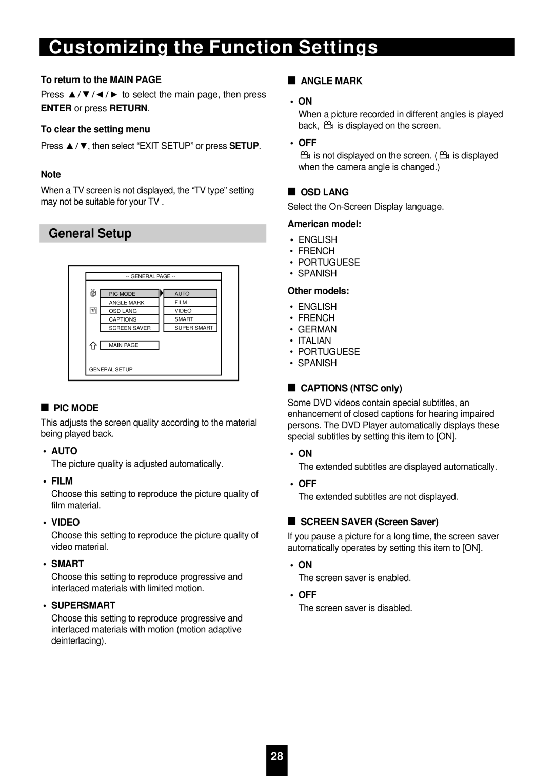 Sherwood VD-4500 manual General Setup 