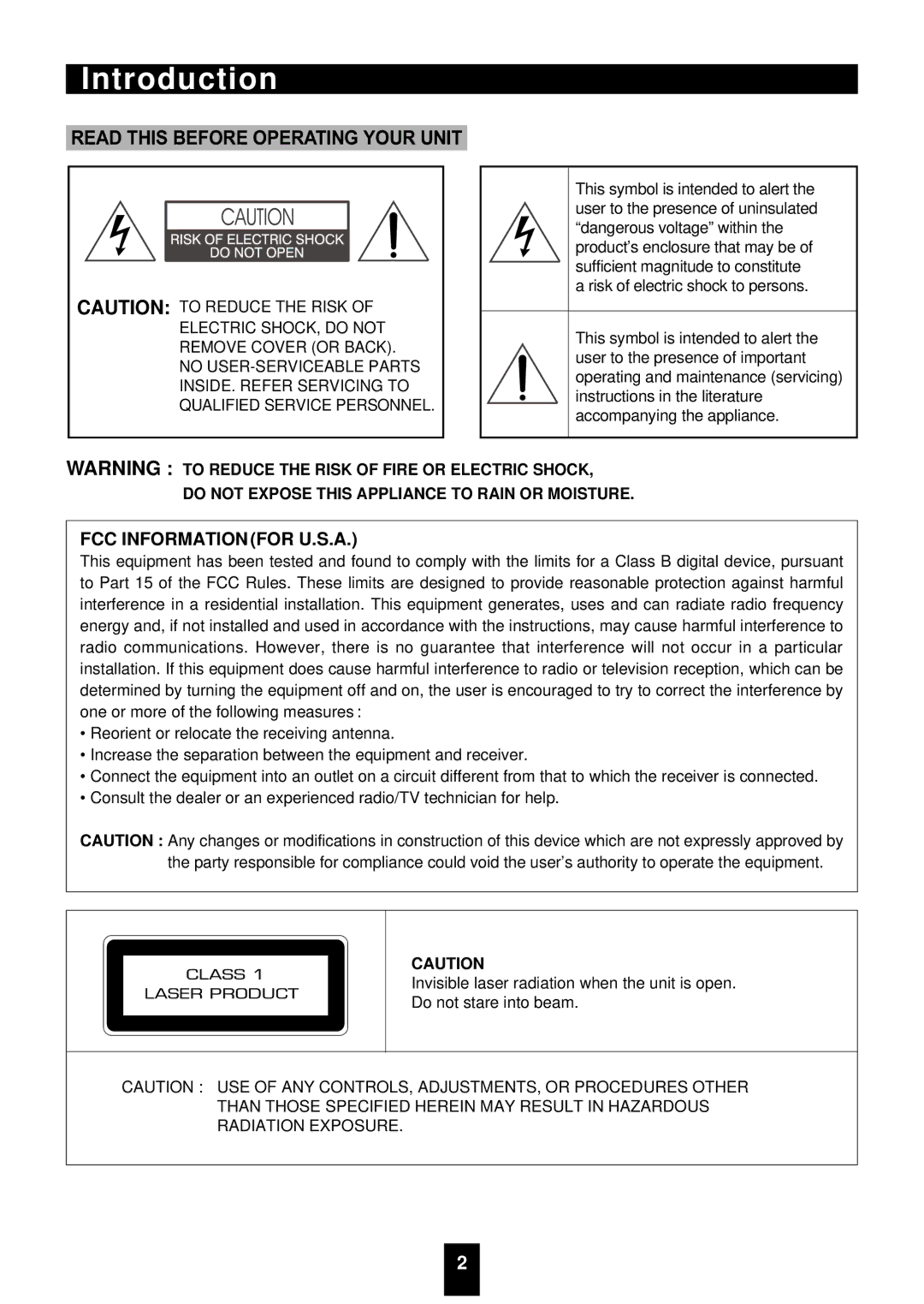 Sherwood VD-4500 manual Introduction, Do not Expose this Appliance to Rain or Moisture 