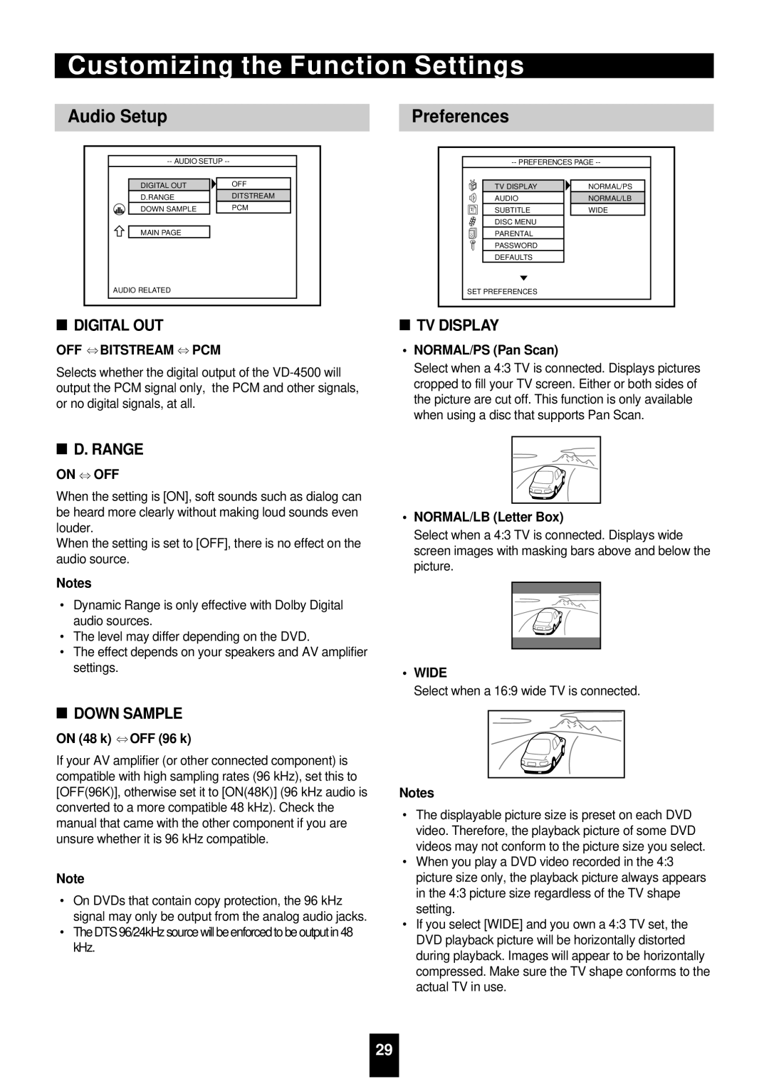 Sherwood VD-4500 manual Audio Setup, Preferences, OFF Bitstream PCM, On OFF, Wide 