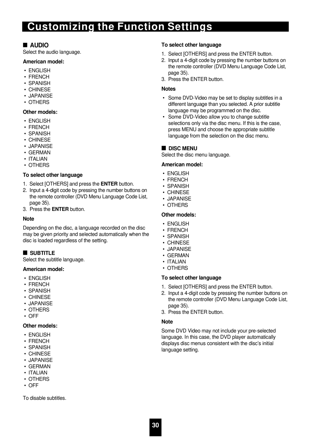 Sherwood VD-4500 manual To select other language, Subtitle, Disc Menu 