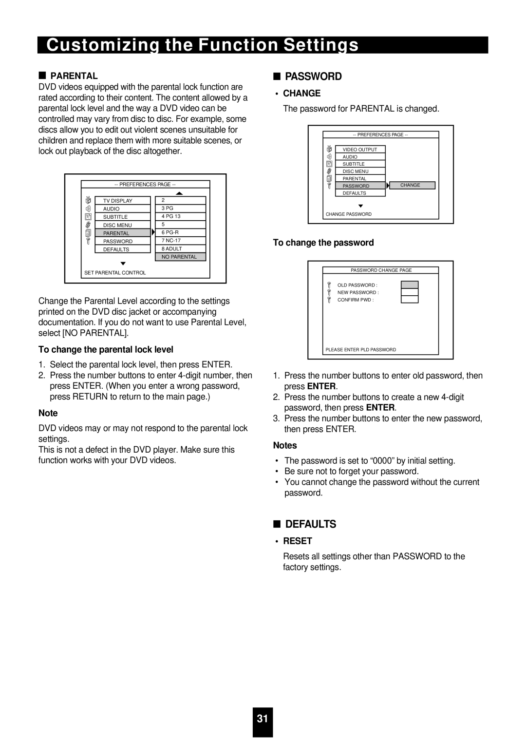 Sherwood VD-4500 manual Parental, To change the parental lock level, Change, To change the password, Reset 