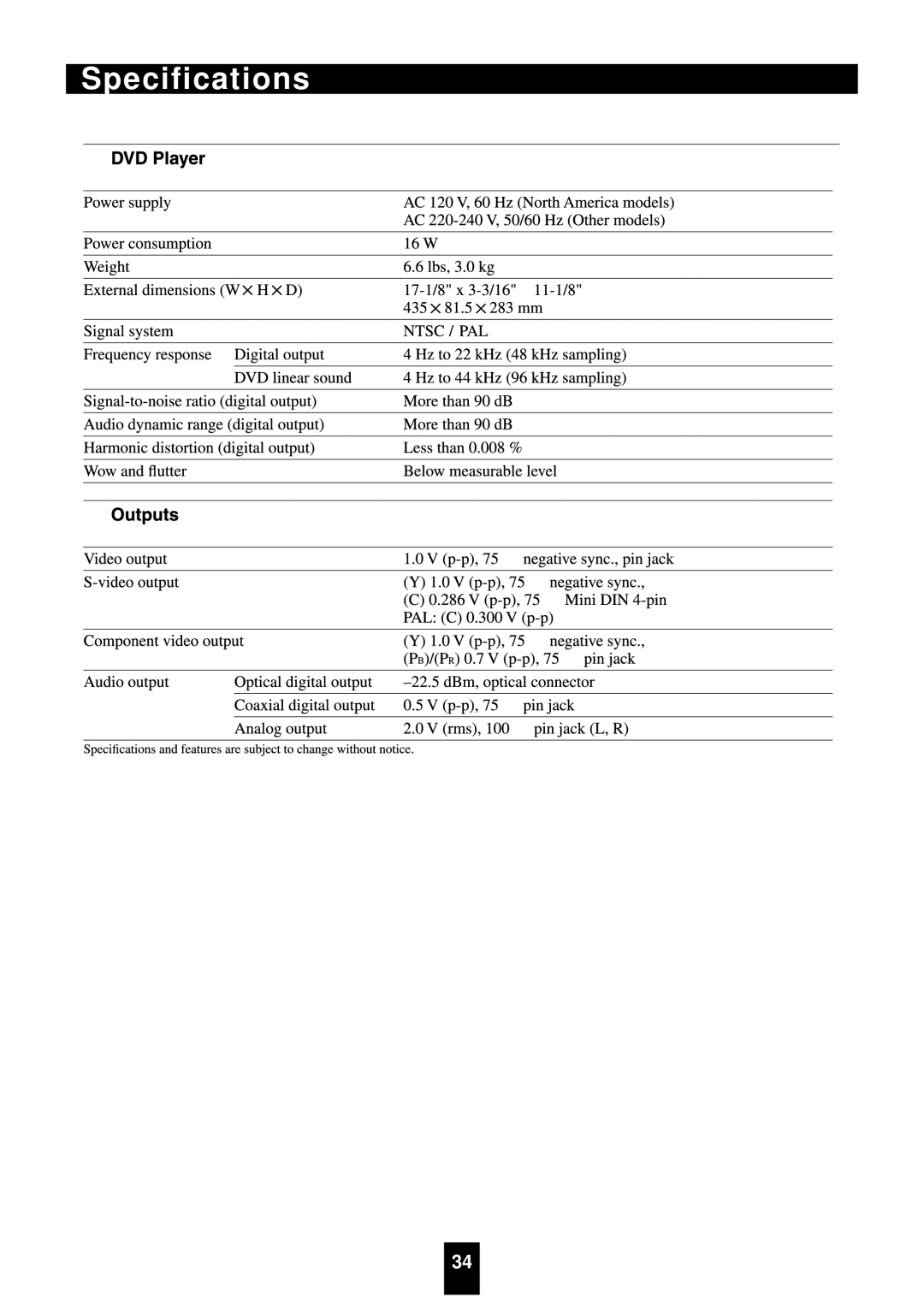 Sherwood VD-4500 manual Specifications 