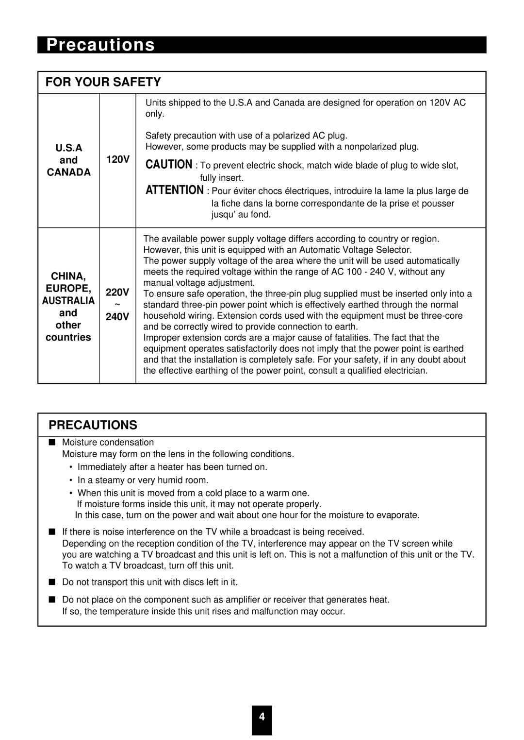 Sherwood VD-4500 manual Precautions, Australia 