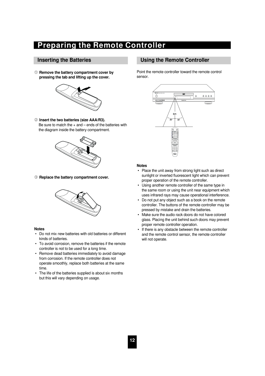 Sherwood VD-4502 manual Preparing the Remote Controller, Inserting the Batteries Using the Remote Controller 