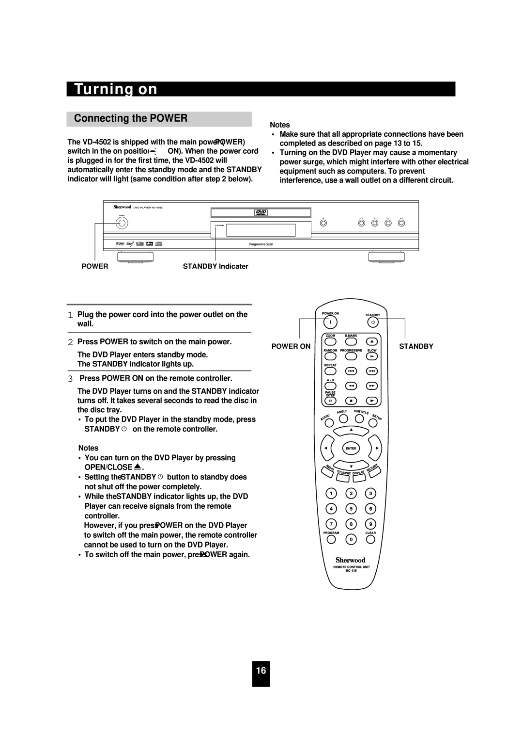 Sherwood VD-4502 manual Turning on, Connecting the Power, Press Power on on the remote controller, Open/Close 