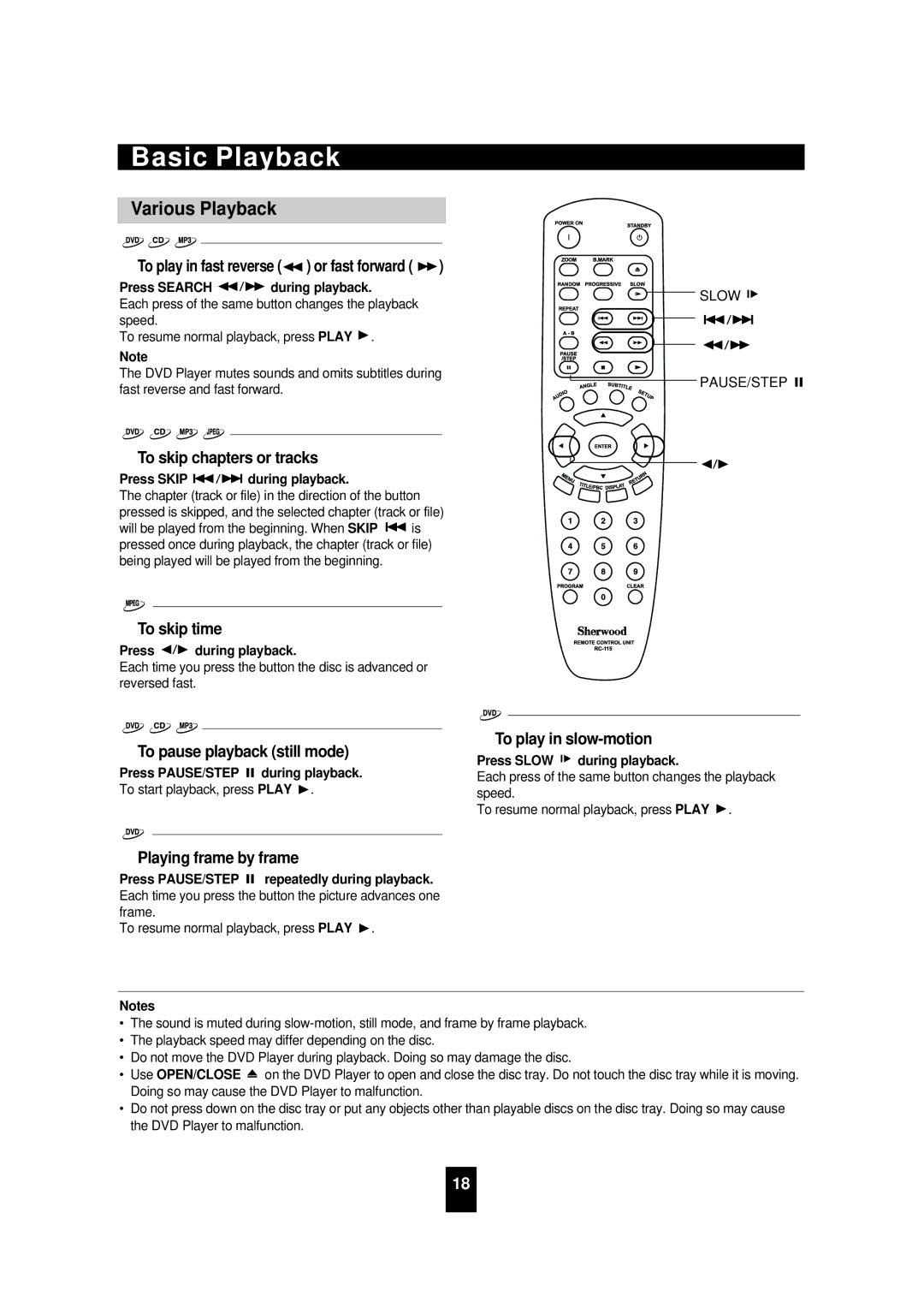 Sherwood VD-4502 manual Various Playback 