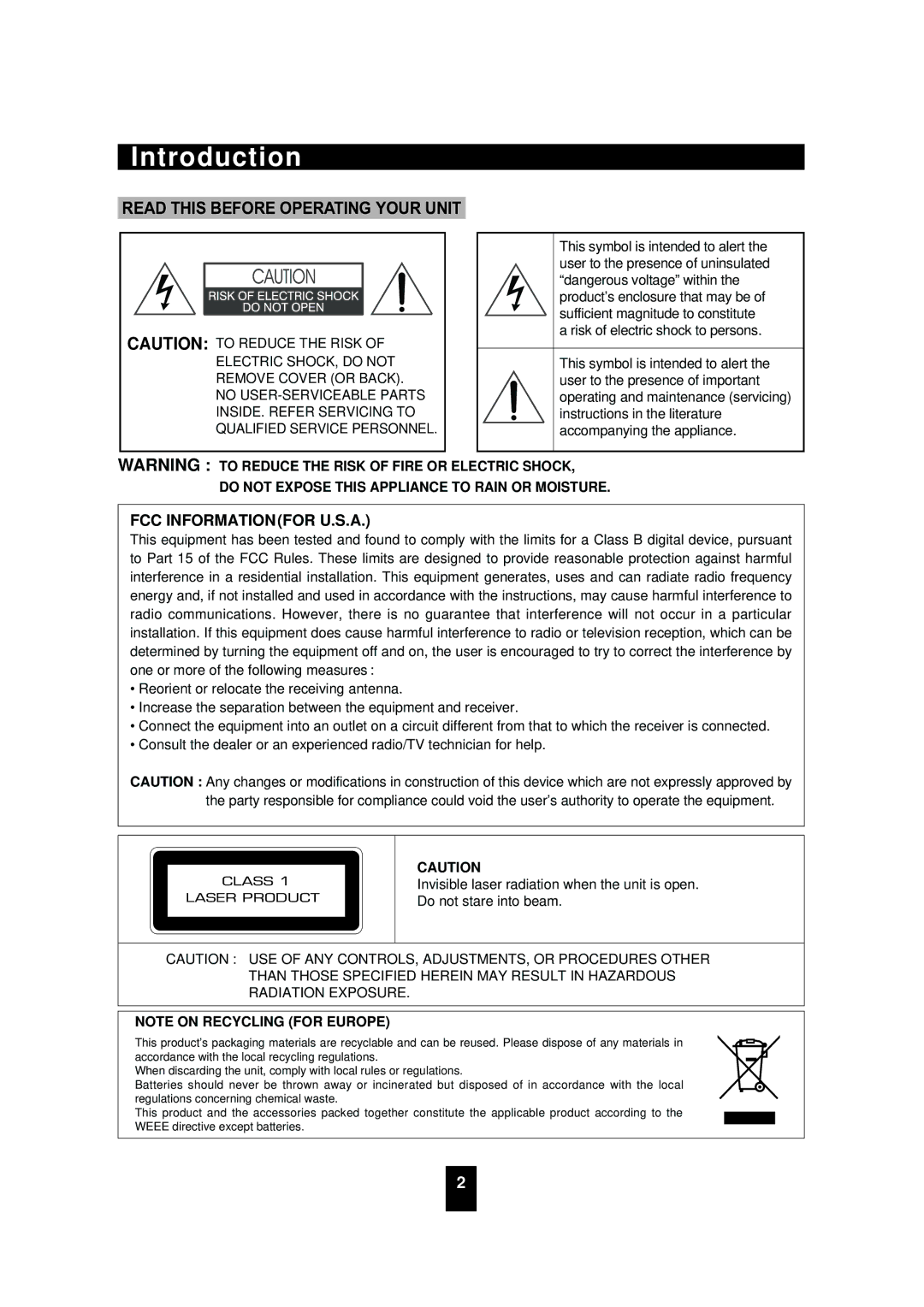 Sherwood VD-4502 manual Introduction, Do not Expose this Appliance to Rain or Moisture 