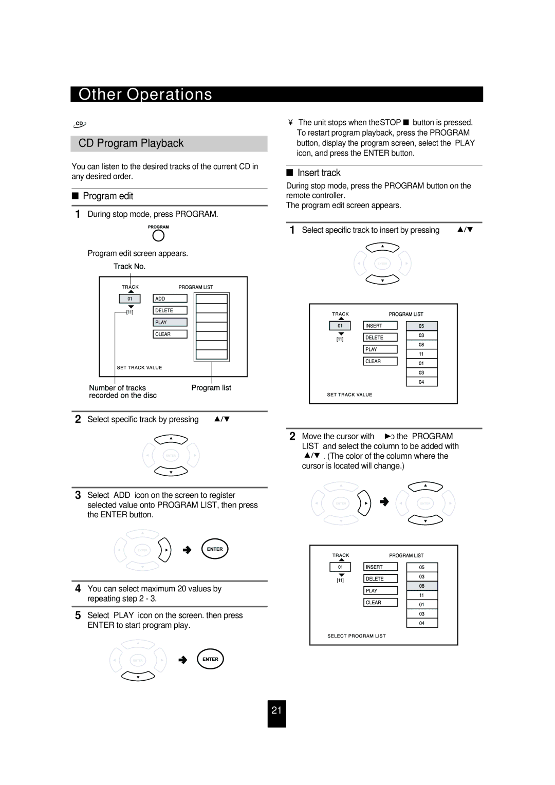 Sherwood VD-4502 manual CD Program Playback, Program edit, Insert track, During stop mode, press Program 