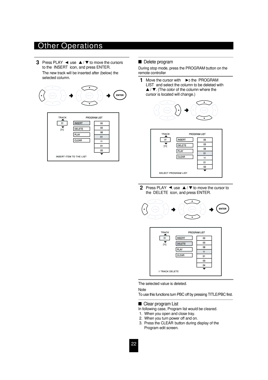 Sherwood VD-4502 manual Delete program, Clear program List, New track will be inserted after below the selected column 