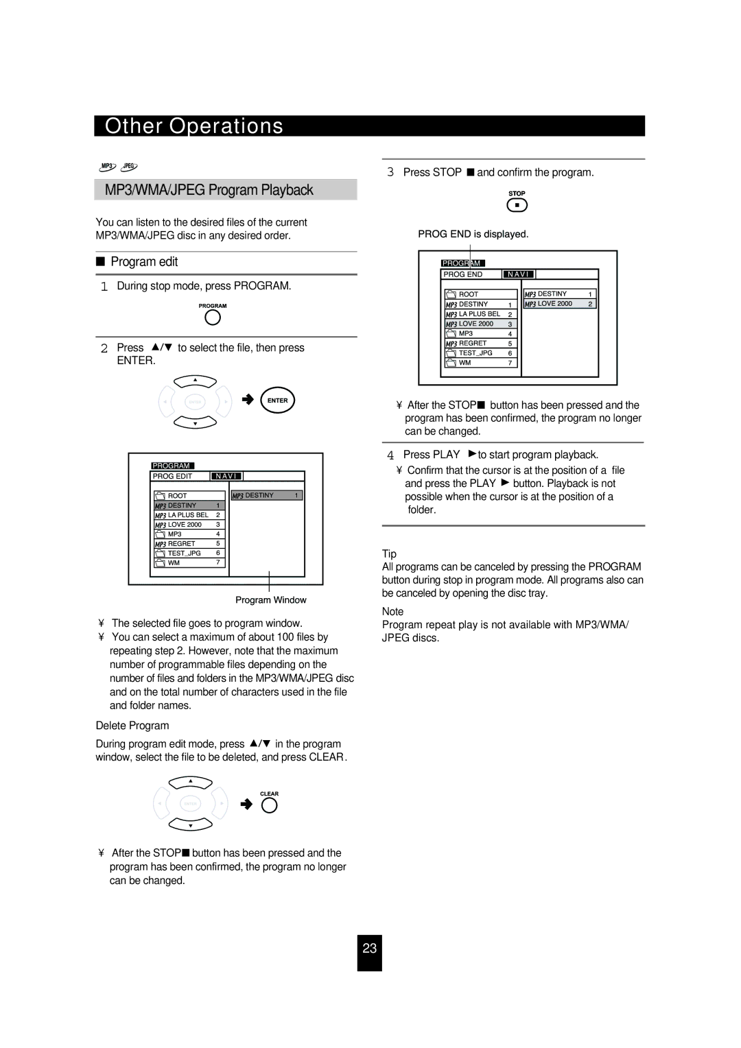 Sherwood VD-4502 manual MP3/WMA/JPEG Program Playback, Enter 