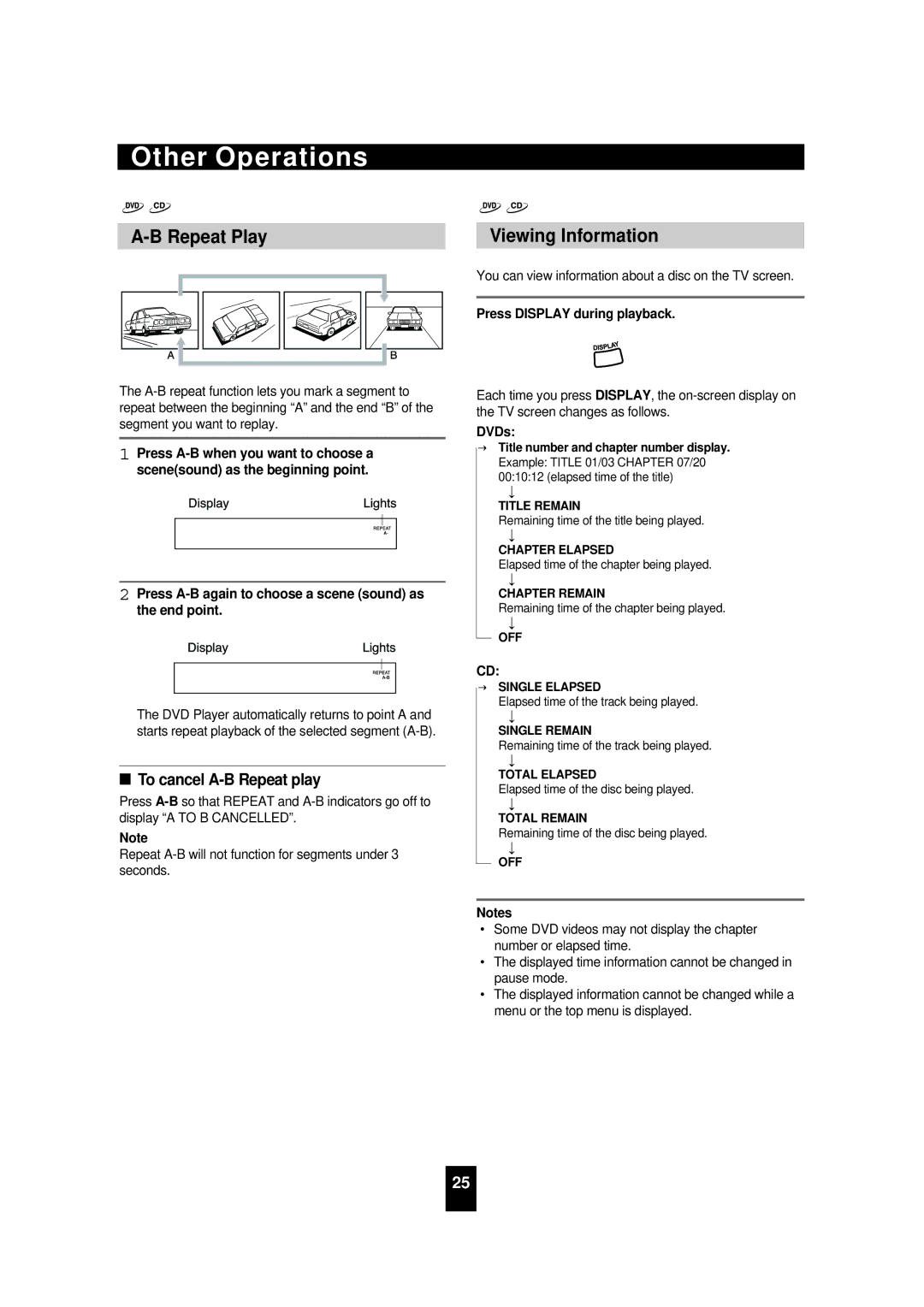 Sherwood VD-4502 Viewing Information, To cancel A-B Repeat play, Press A-B again to choose a scene sound as the end point 