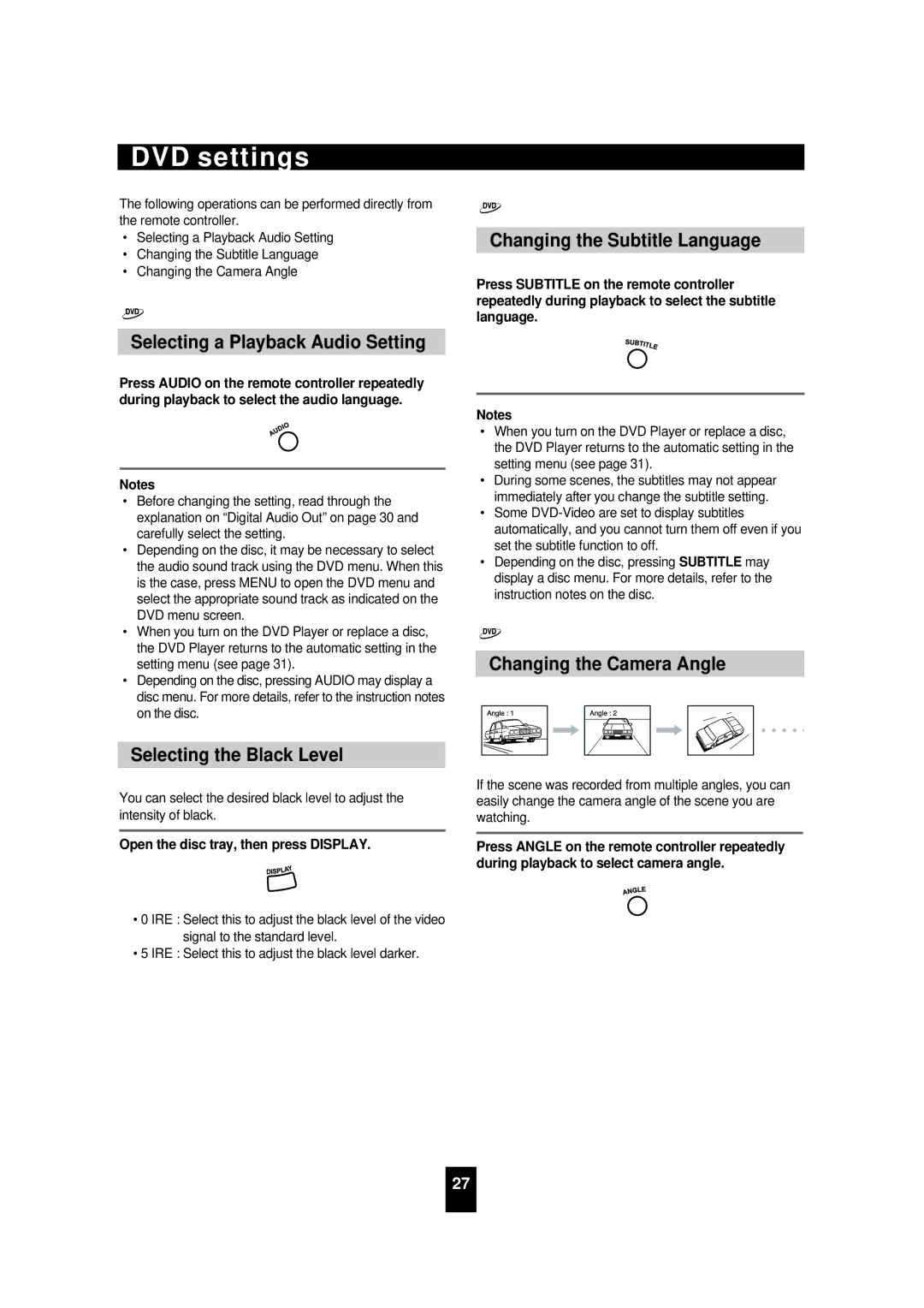 Sherwood VD-4502 DVD settings, Selecting a Playback Audio Setting, Selecting the Black Level, Changing the Camera Angle 