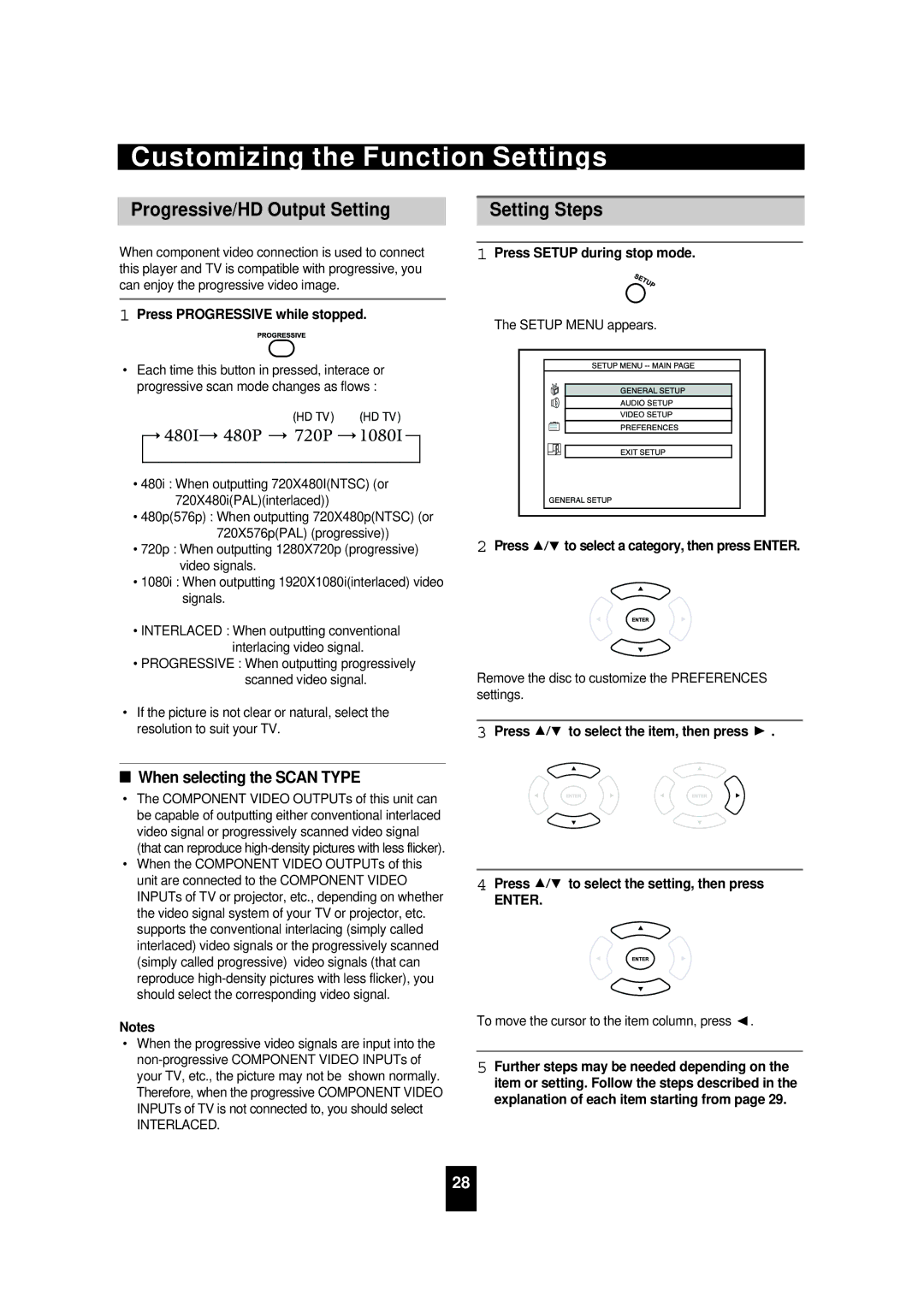 Sherwood VD-4502 manual Customizing the Function Settings, Progressive/HD Output Setting Setting Steps 