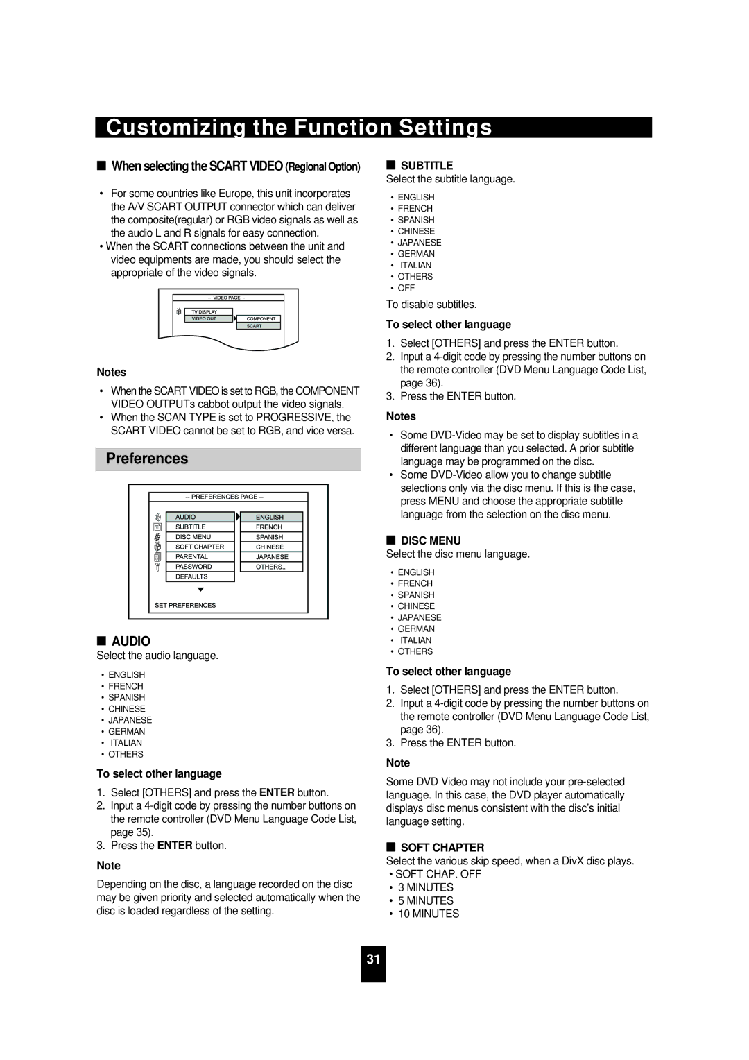 Sherwood VD-4502 manual Preferences, Subtitle, Disc Menu, Soft Chapter 