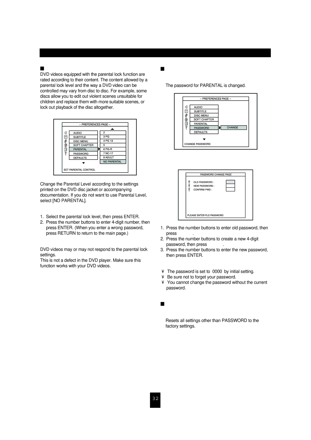 Sherwood VD-4502 manual Parental, To change the parental lock level, Change, To change the password, Reset 