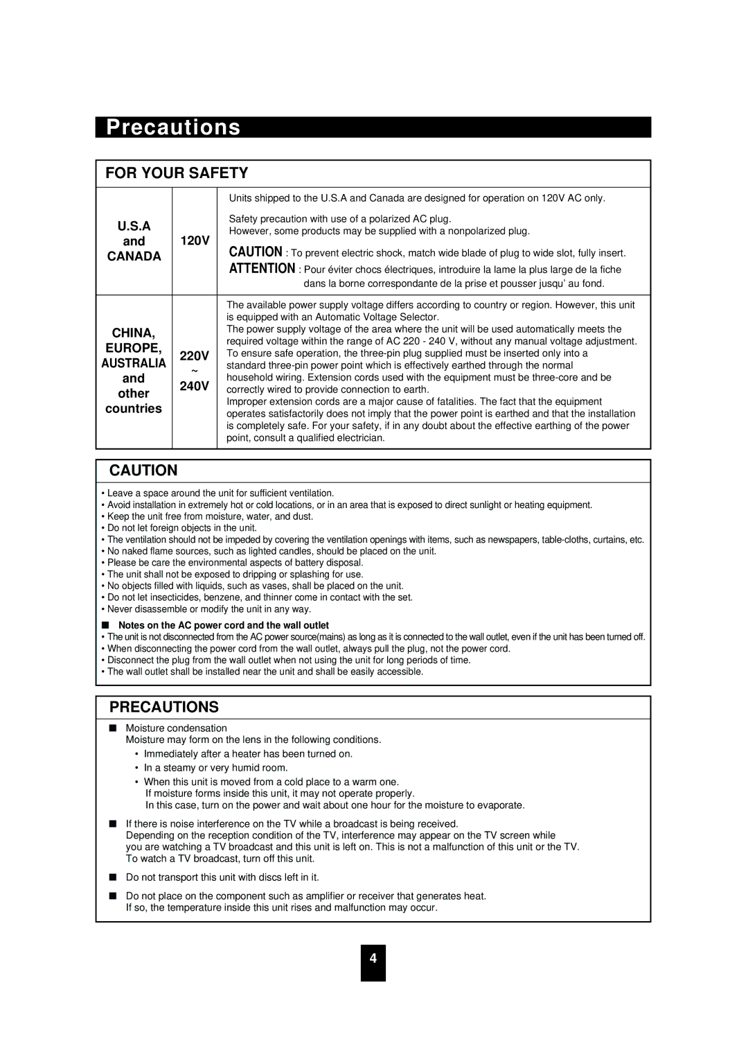 Sherwood VD-4502 manual Precautions, Australia 