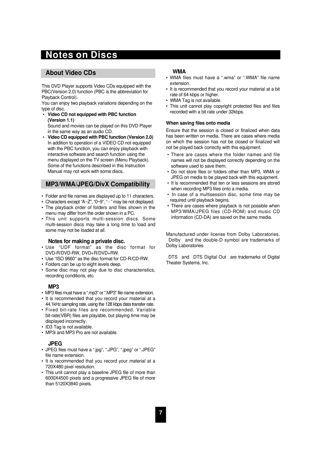 Sherwood VD-4502 manual About Video CDs, MP3/WMA/JPEG/DivX Compatibility, Video CD not equipped with PBC function Version 