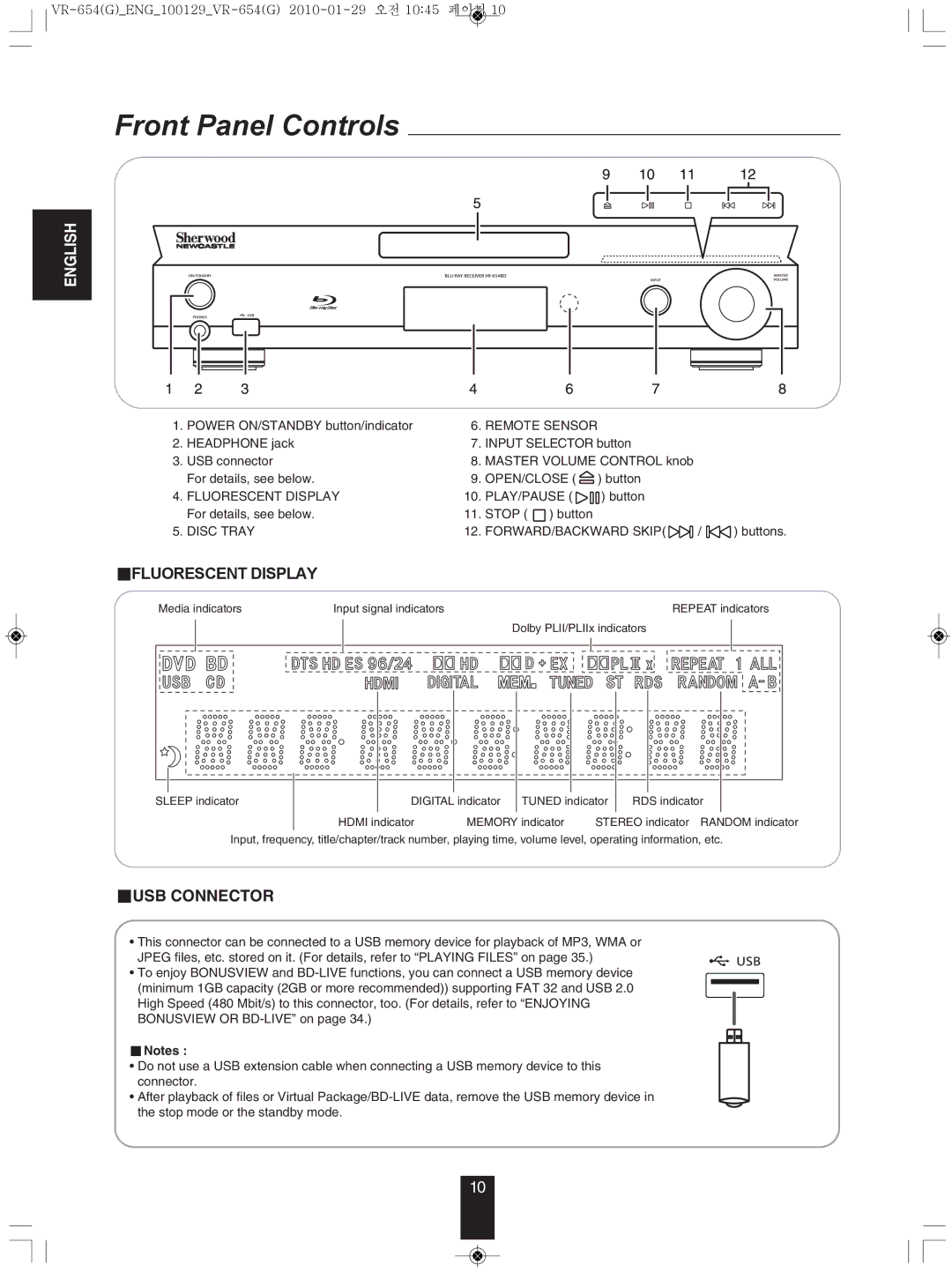 Sherwood VR-654BD manual Front Panel Controls, Remote Sensor, Open/Close, Fluorescent Display PLAY/PAUSE 