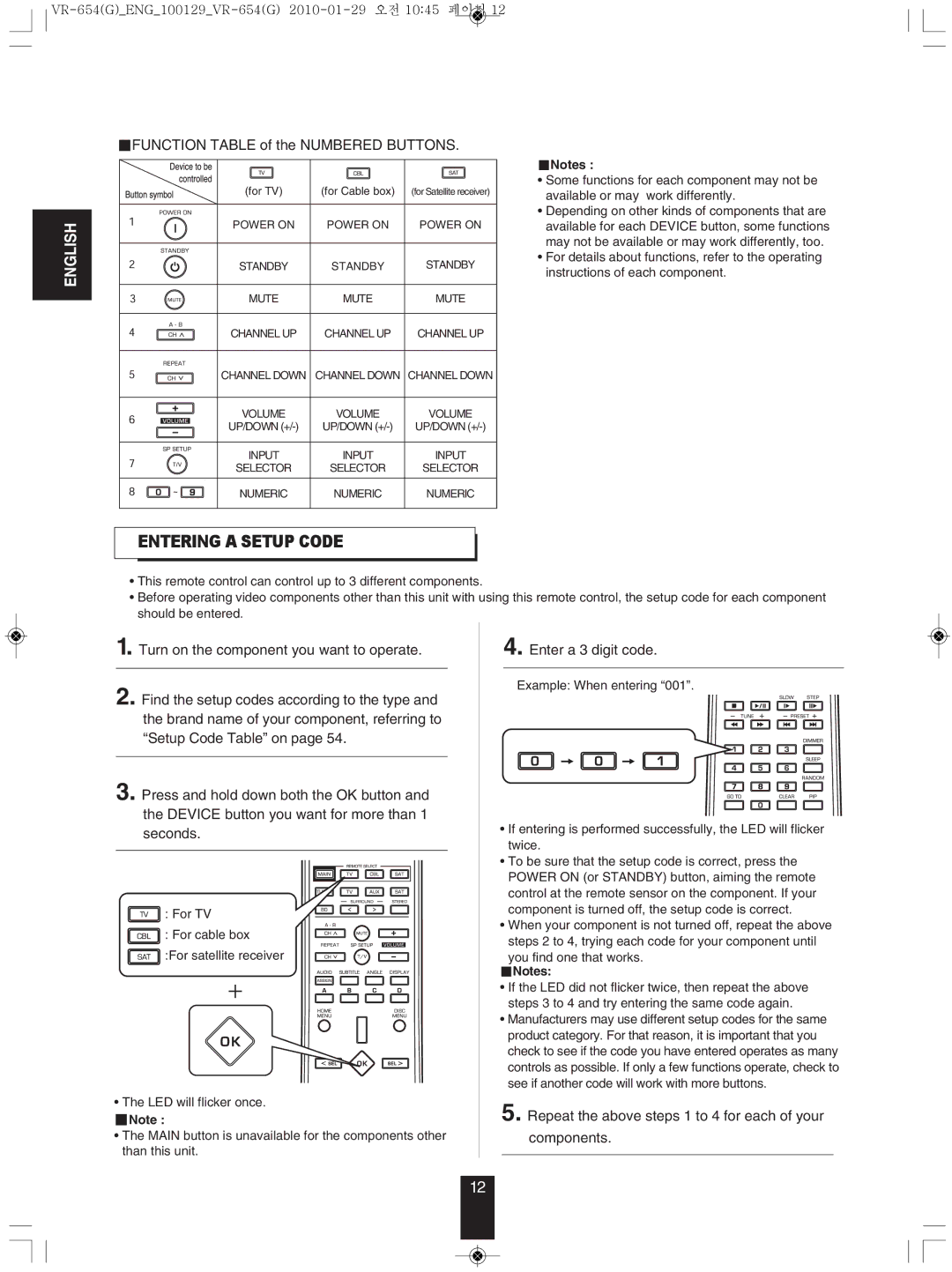 Sherwood VR-654BD manual EnteRInG a setUP coDe, Function Table of the Numbered Buttons, Enter a 3 digit code 