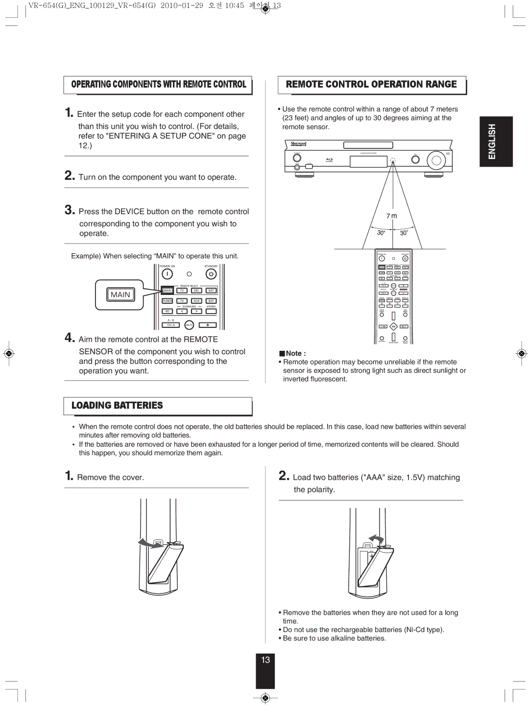 Sherwood VR-654BD manual ReMote contRoL oPeRAtIon RAnGe, LoADInG BAtteRIes 