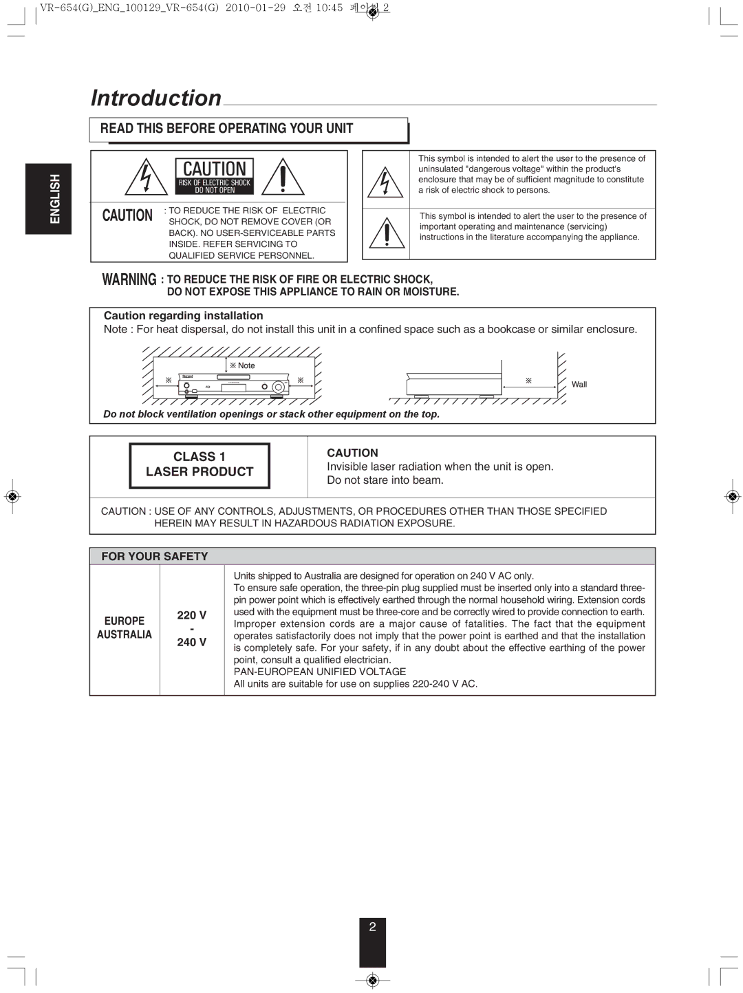 Sherwood VR-654BD manual Introduction, PAN-EUROPEAN Unified Voltage 