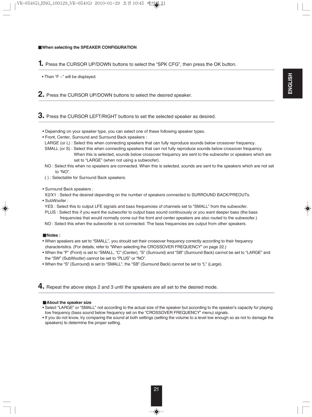 Sherwood VR-654BD manual When selecting the SPEAkER Configuration, About the speaker size 