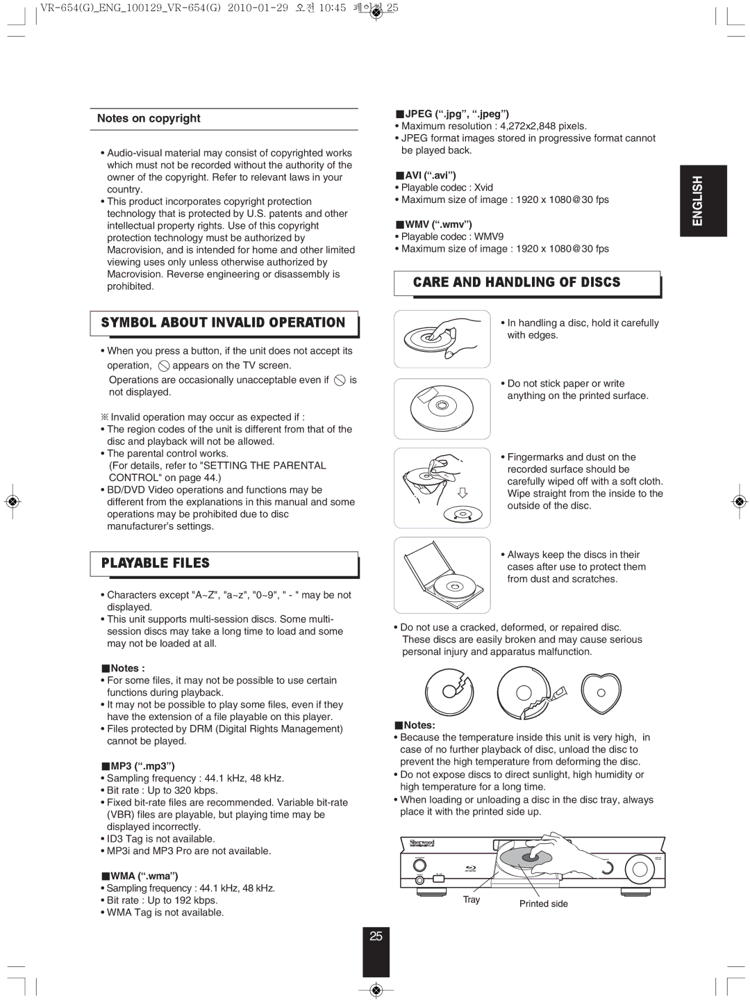 Sherwood VR-654BD manual SYMBoL ABoUt InVALID oPeRAtIon, PLAYABLe FILes, CARe AnD HAnDLInG oF DIscs 