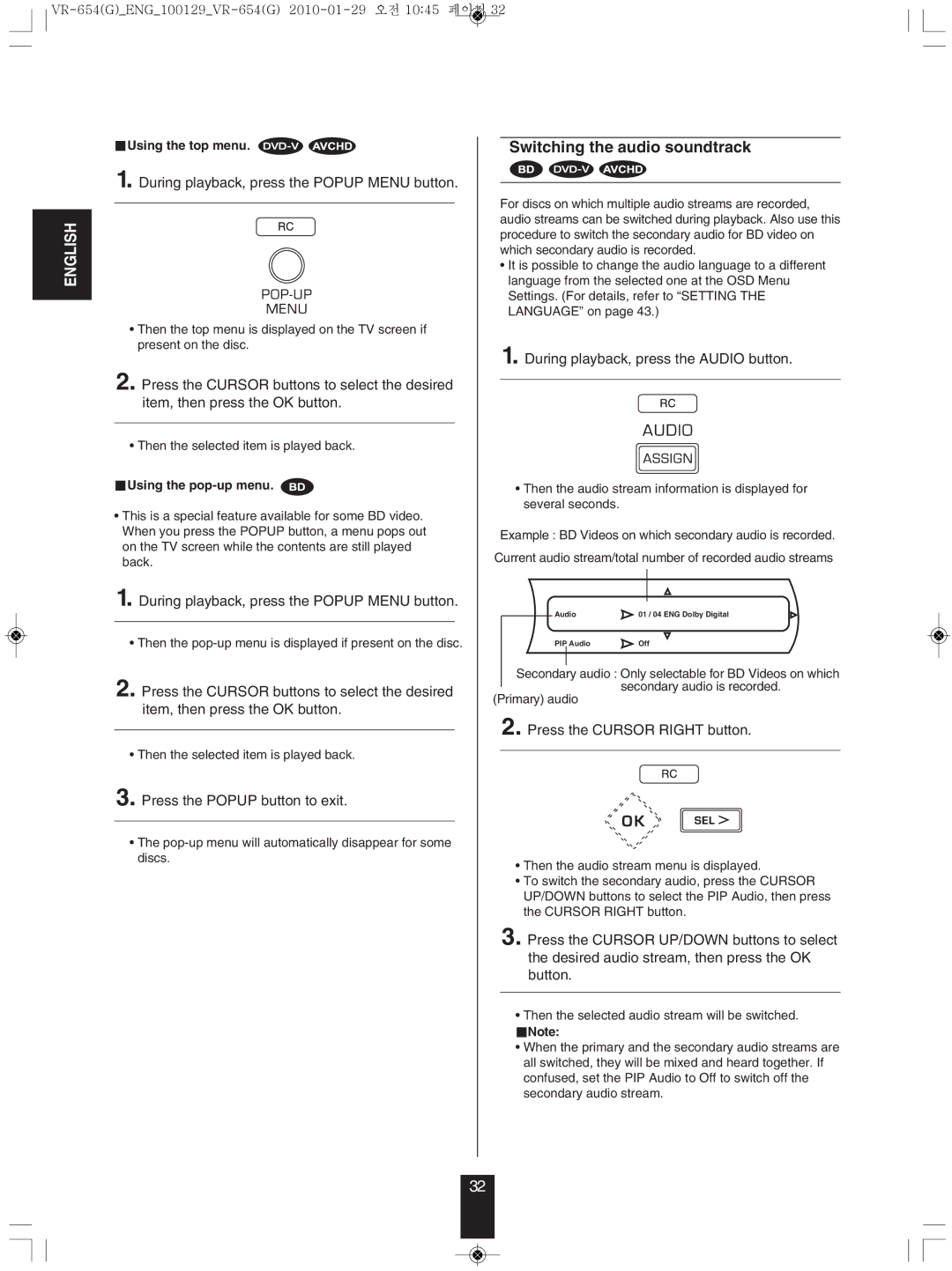 Sherwood VR-654BD manual Switching the audio soundtrack, During playback, press the Popup Menu button 