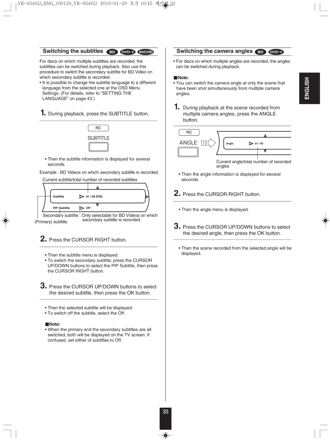 Sherwood VR-654BD manual Switching the subtitles, Switching the camera angles, During playback, press the Subtitle button 