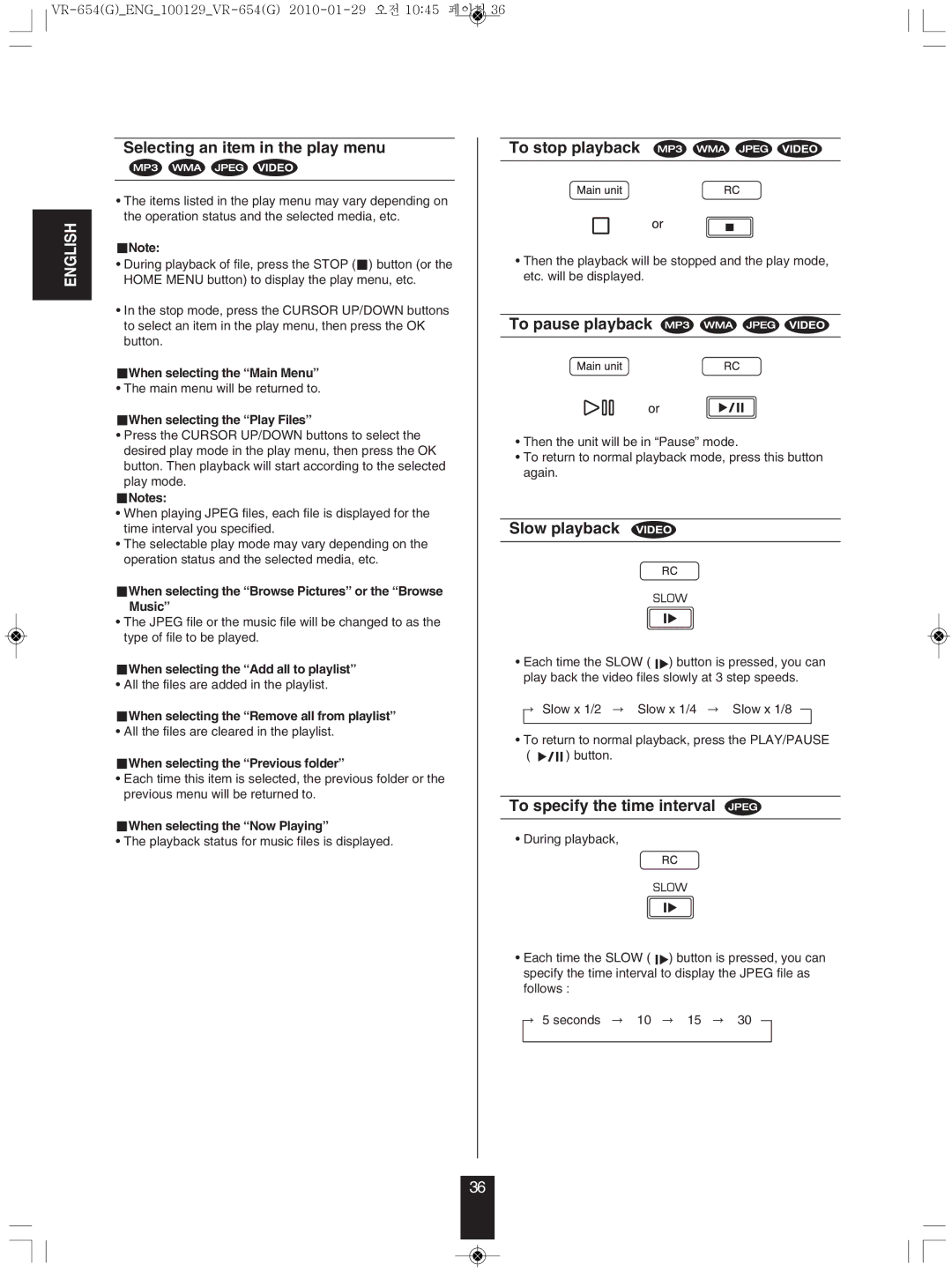 Sherwood VR-654BD manual Selecting an item in the play menu, To specify the time interval 