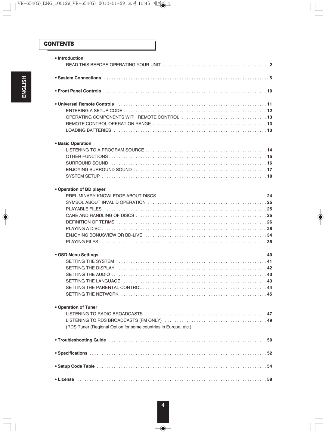 Sherwood VR-654BD manual Contents 