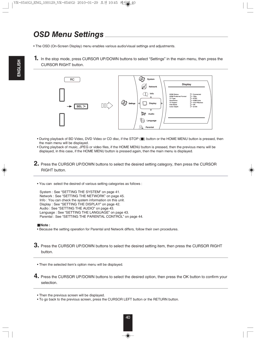 Sherwood VR-654BD manual OSD Menu Settings 