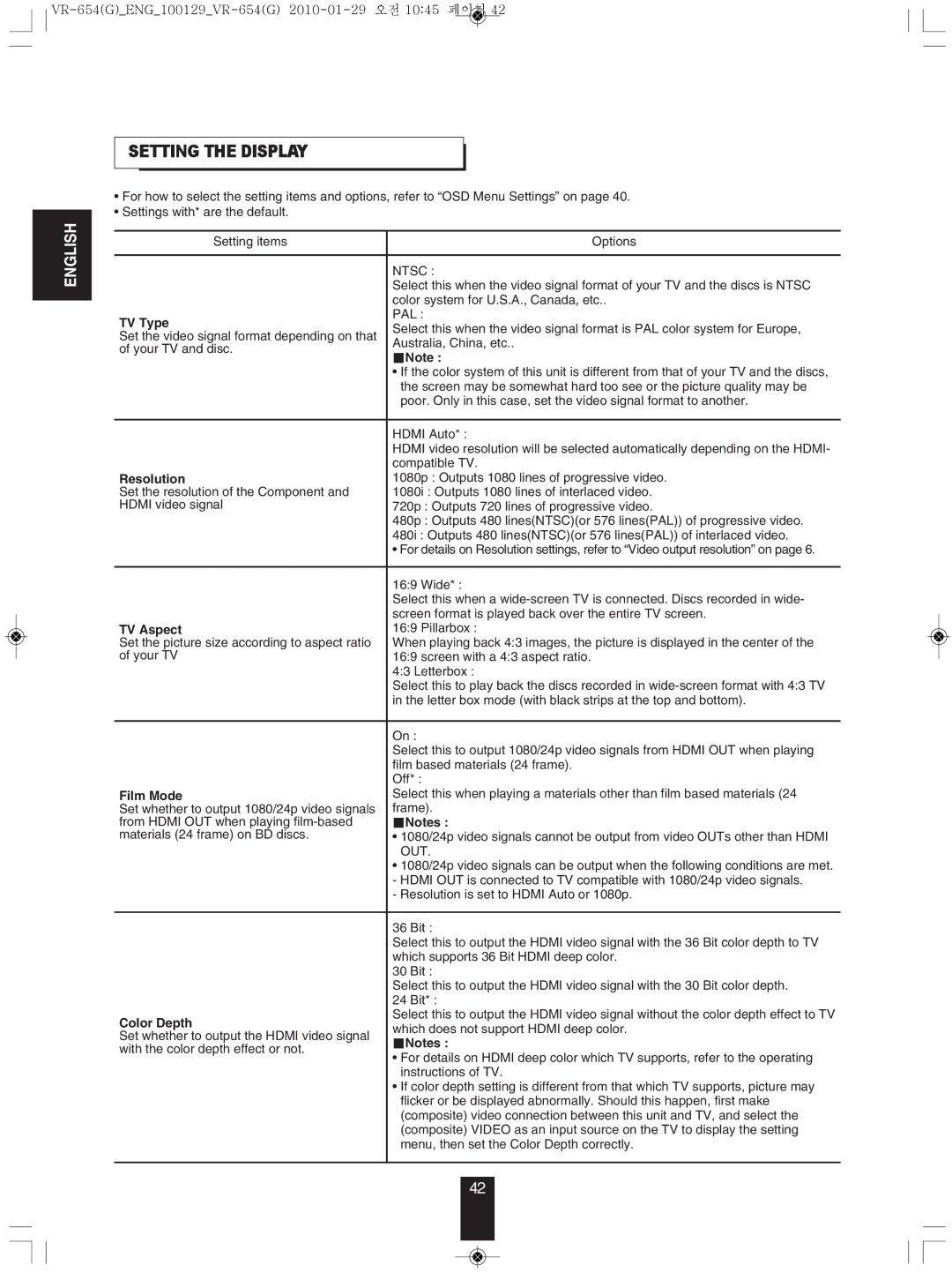 Sherwood VR-654BD manual SettInG tHe DIsPLAY 