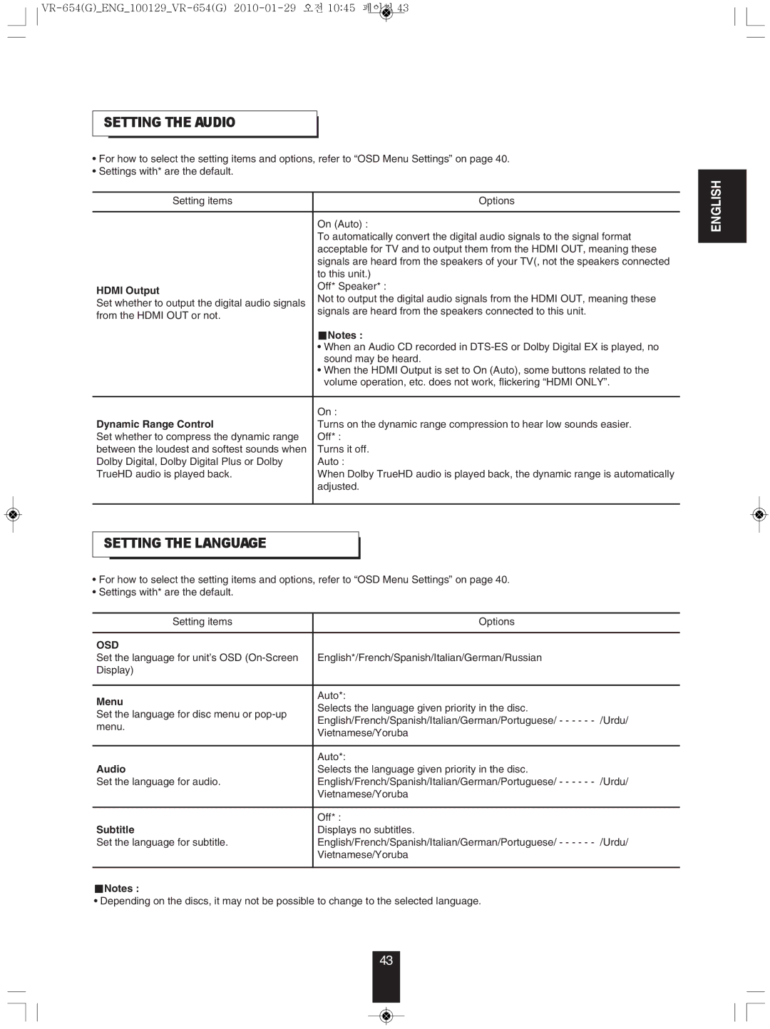 Sherwood VR-654BD manual SettInG tHe AUDIo, SettInG tHe LAnGUAGe 