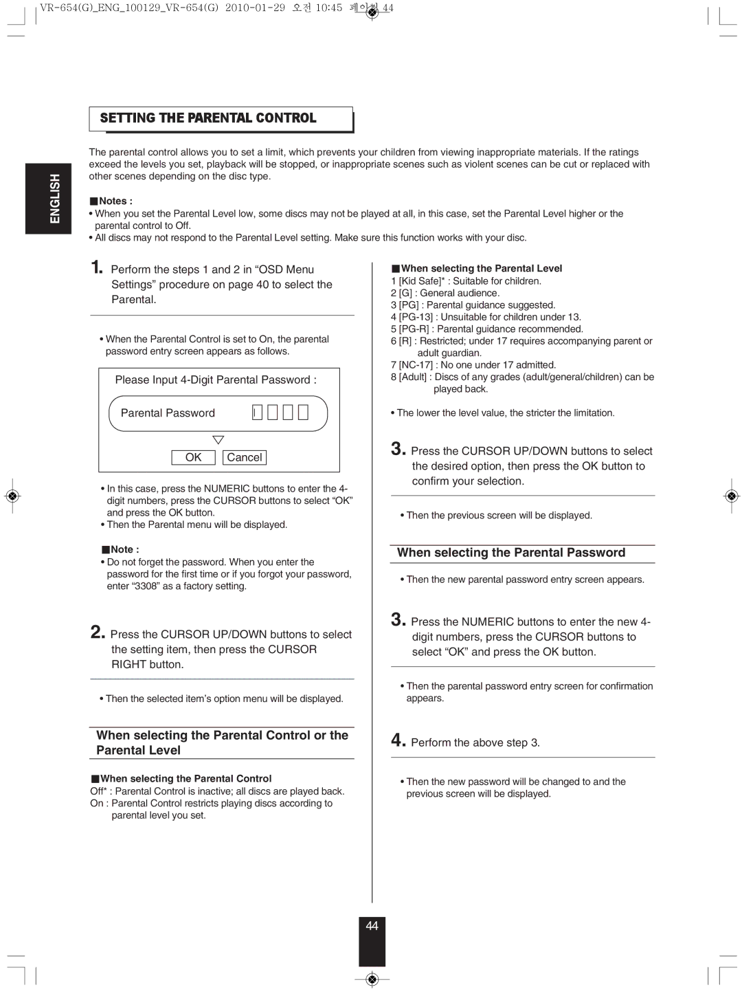 Sherwood VR-654BD manual SettInG tHe PARentAL contRoL, When selecting the Parental Control or the Parental Level 