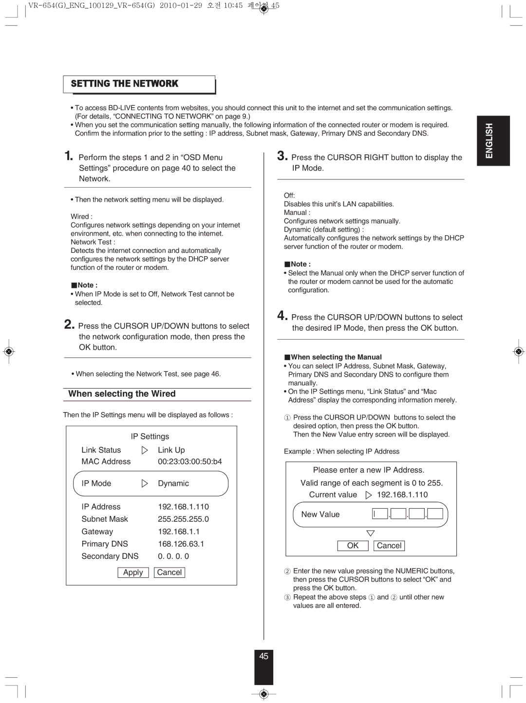 Sherwood VR-654BD manual SettInG tHe netWoRK, When selecting the Wired, IP Settings, Link Status Link Up MAC Address 