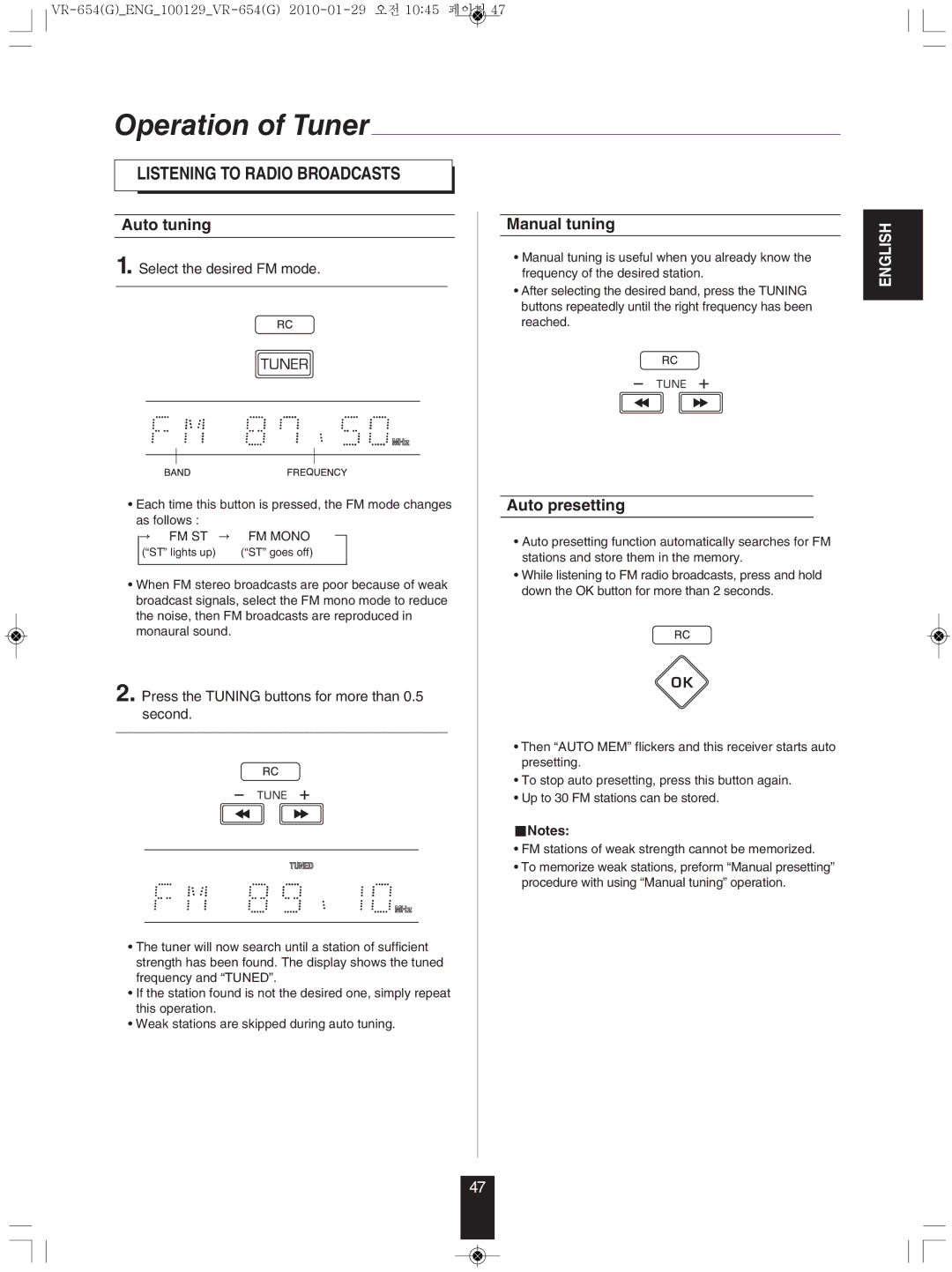 Sherwood VR-654BD manual Auto tuning, Manual tuning, Auto presetting, Select the desired FM mode 