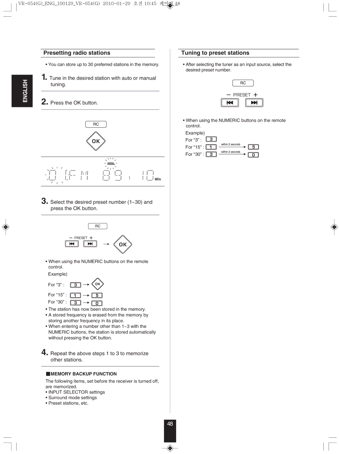 Sherwood VR-654BD manual Presetting radio stations, Tuning to preset stations, MEmORY BACkUP Function 