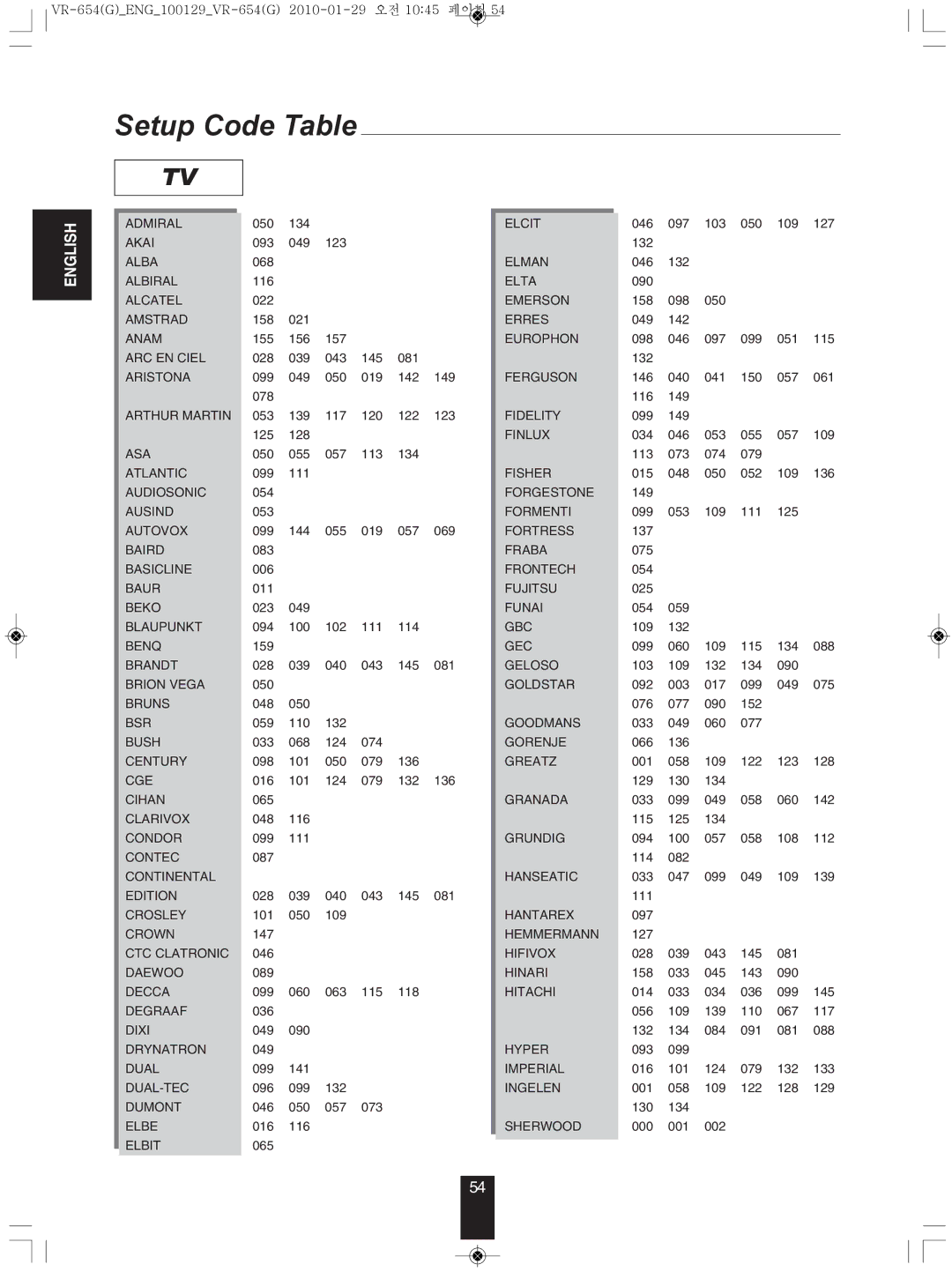 Sherwood VR-654BD manual Setup Code Table 