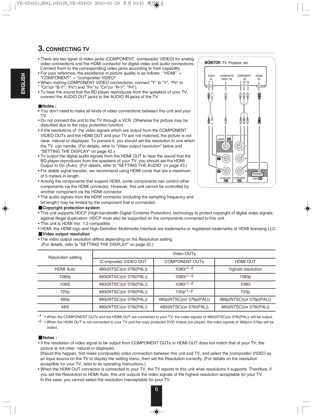 Sherwood VR-654BD manual Copyright protection system, Video output resolution, Hdmi OUT 