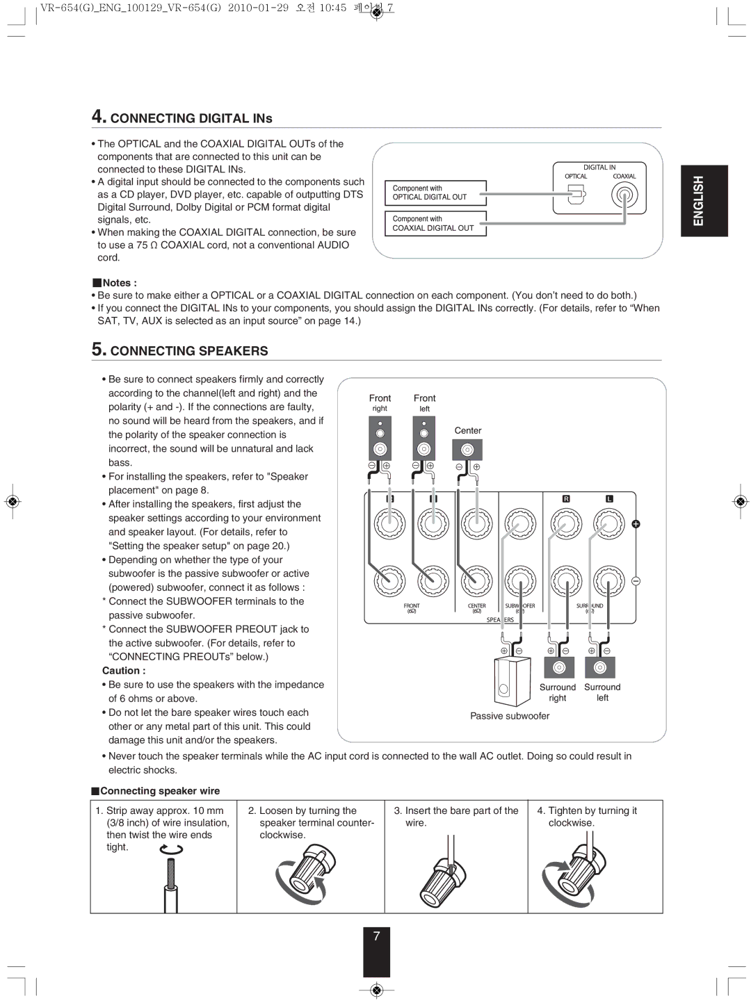 Sherwood VR-654BD manual Connecting Digital INs, Connecting SPEAkERS, Connecting speaker wire 