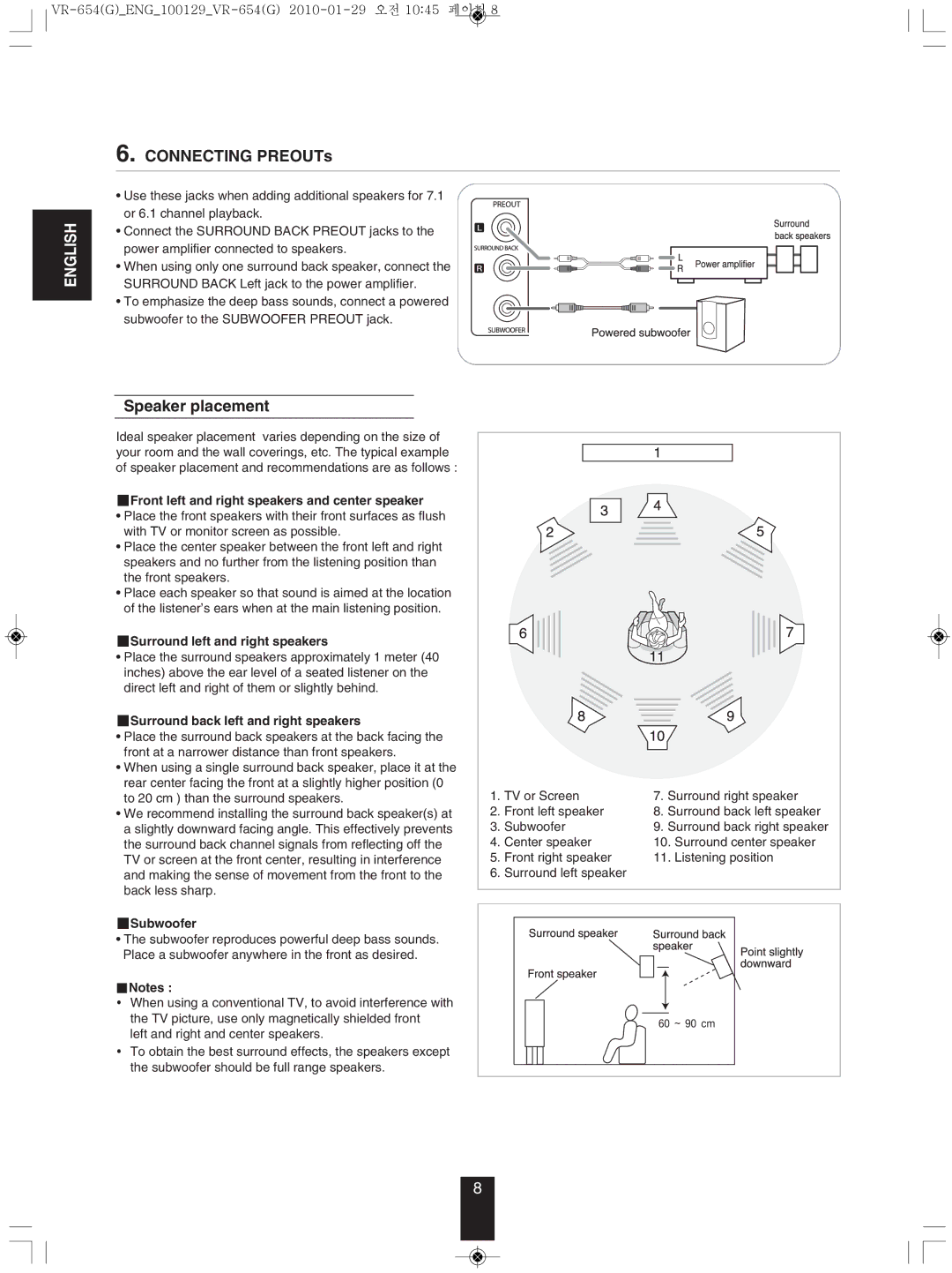 Sherwood VR-654BD manual Connecting PREOUTs, Speaker placement 