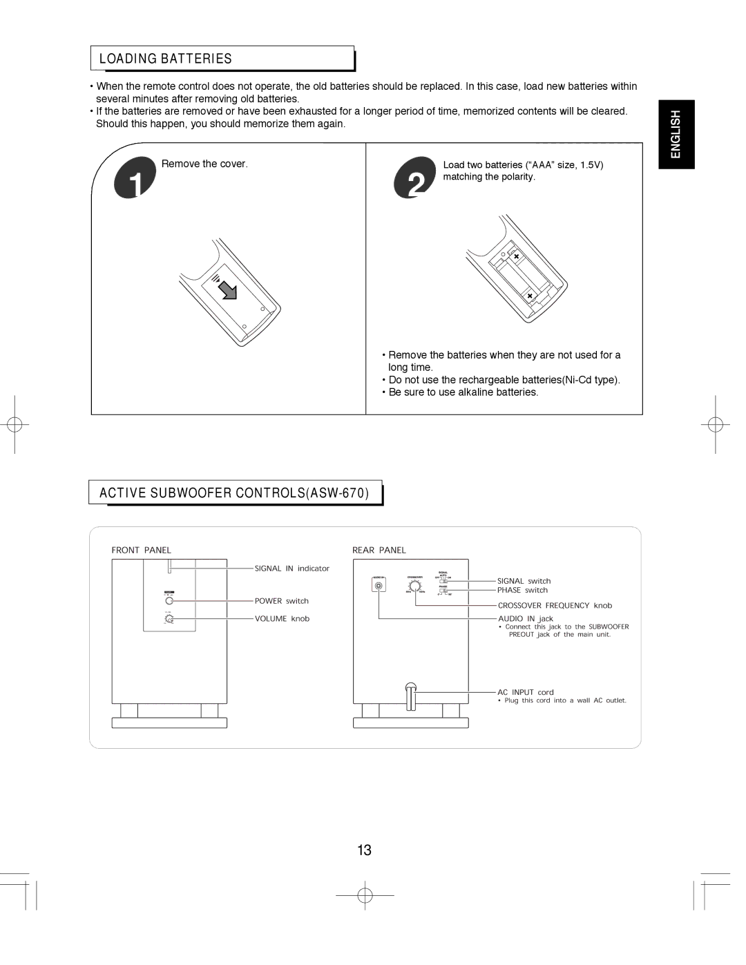 Sherwood ST-670, VR-670 manual Loading Batteries, Active Subwoofer CONTROLSASW-670 
