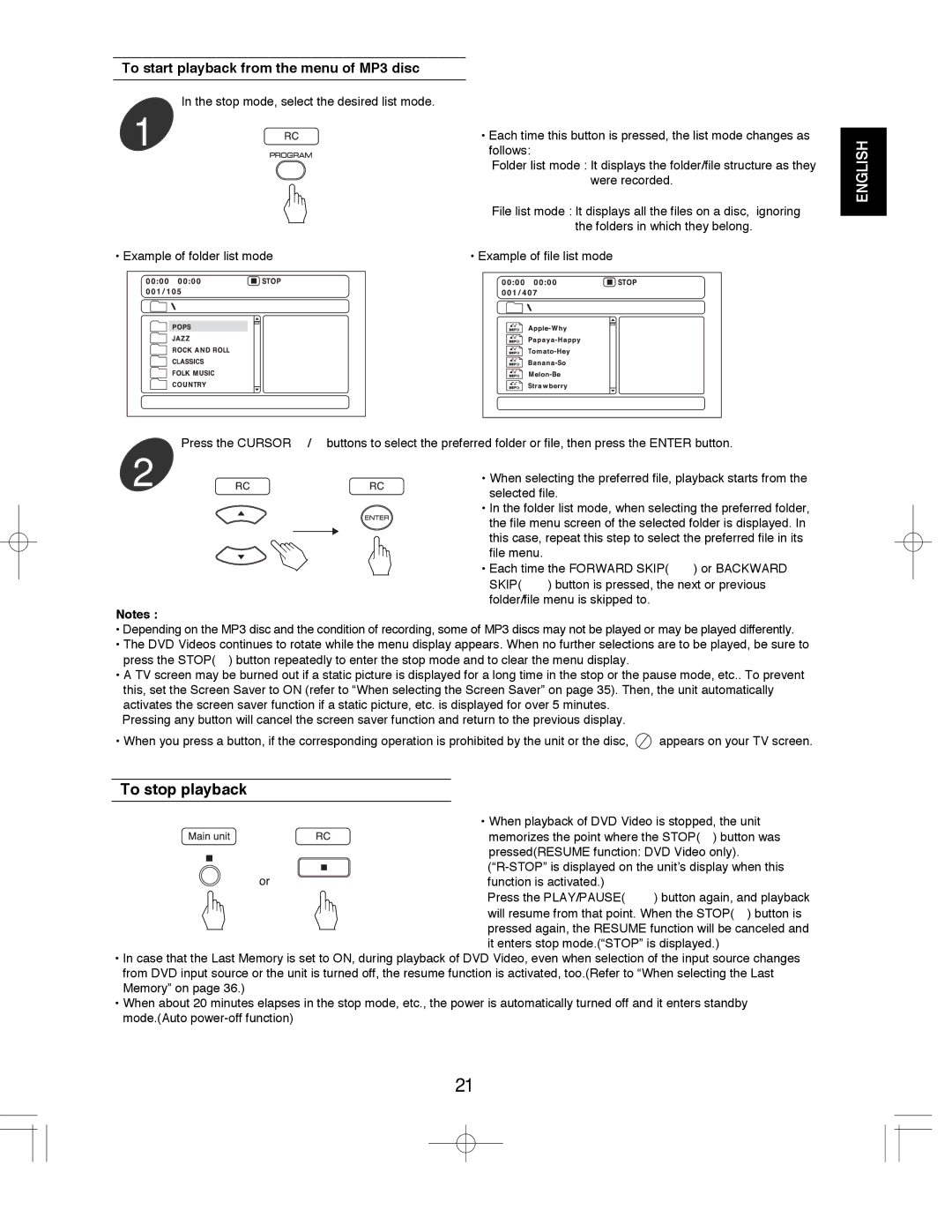 Sherwood VR-670, ST-670, ASW-670 manual To stop playback, To start playback from the menu of MP3 disc, Skip 