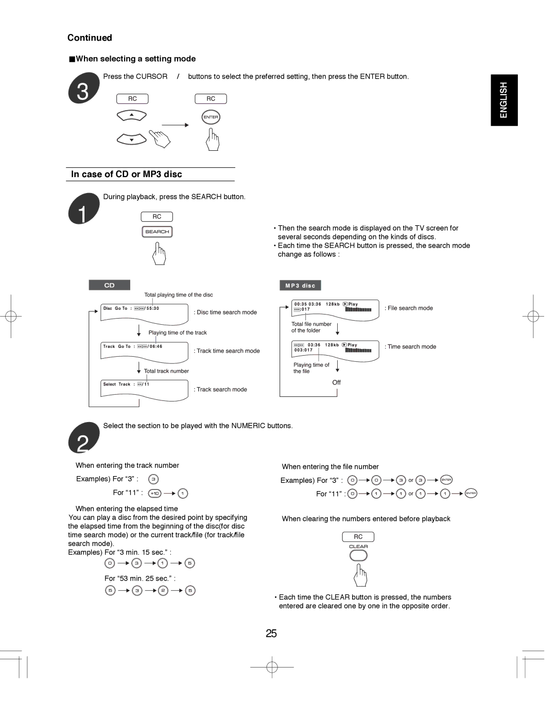 Sherwood ST-670, VR-670, ASW-670 manual Case of CD or MP3 disc, When selecting a setting mode 