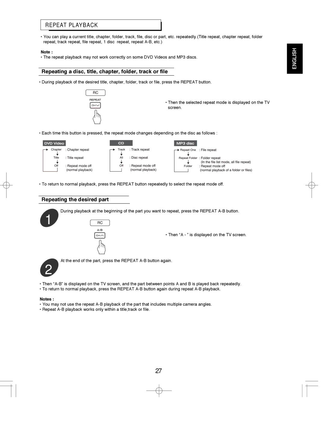 Sherwood VR-670 manual Repeat Playback, Repeating a disc, title, chapter, folder, track or file, Repeating the desired part 