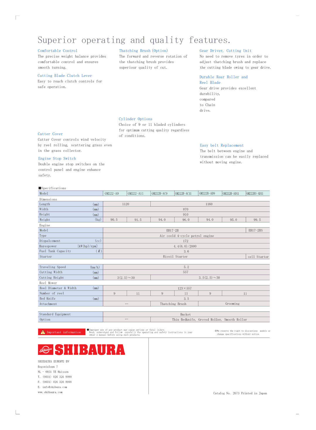 Shibaura GM222 manual Cutting Blade Clutch Lever, Durable Rear Roller and Reel Blade, Cylinder Options, Cutter Cover 