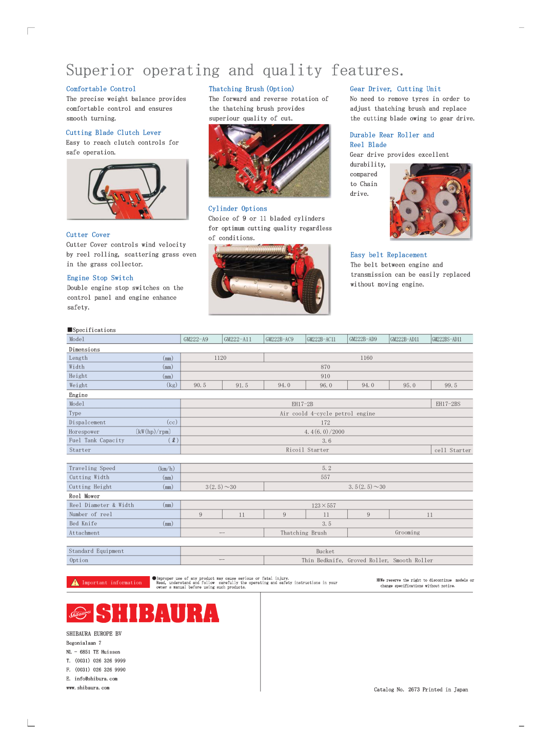 Shibaura GM222 Superior operating and quality features, Comfortable Control, Thatching Brush （Option ）, Cylinder Options 