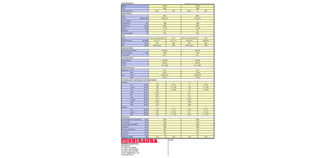 Shibaura ST330 dimensions Specifications, Shibaura Europe Bv, Begonialaan, Dealer, Engine Diesel, Hydraulic System 