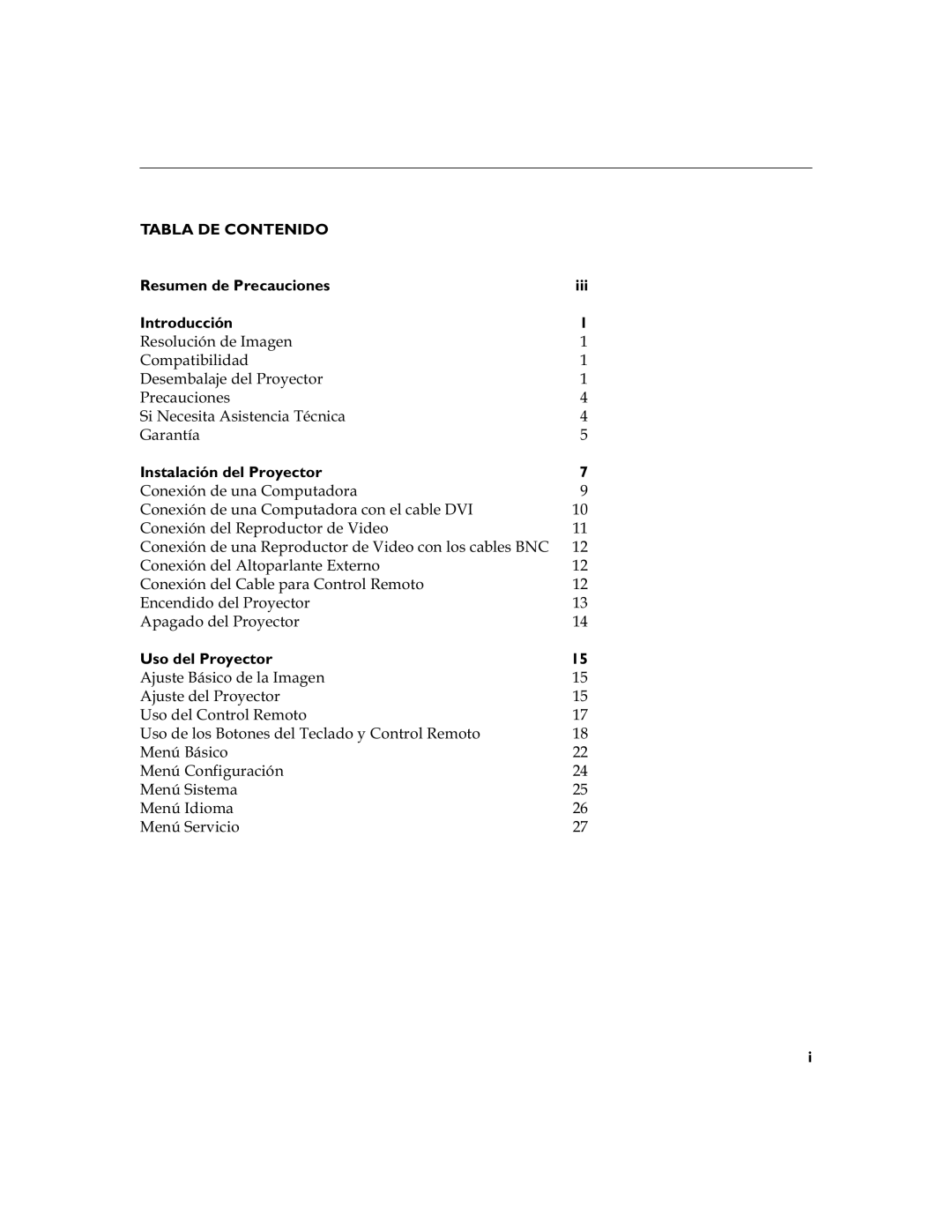 Shin You Enterprise LP 790 manual Tabla DE Contenido, Resumen de Precauciones Iii Introducción, Instalación del Proyector 